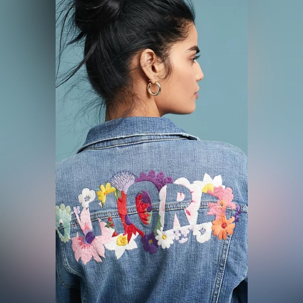 Pilcro Amore Women Blue Denim Jacket Size S Embroidered Distressed Cotton